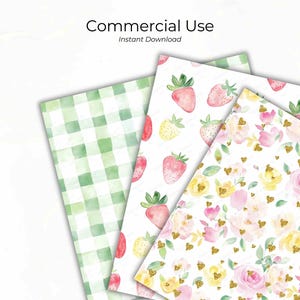 Three sheets showcasing pastel spring seamless patterns. Designs include green gingham, strawberry prints, and floral patterns with pink and yellow roses, suitable for commercial use and instant digital download.