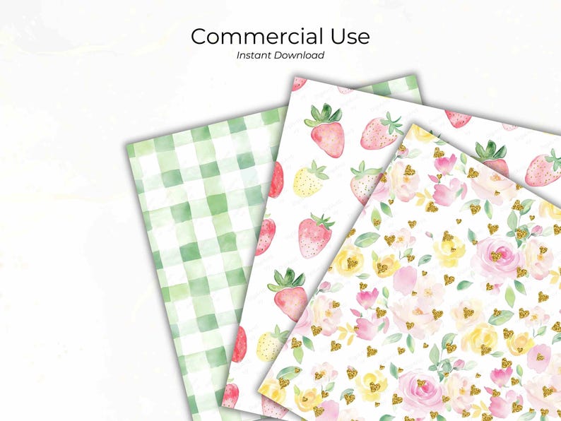 Three sheets showcasing pastel spring seamless patterns. Designs include green gingham, strawberry prints, and floral patterns with pink and yellow roses, suitable for commercial use and instant digital download.