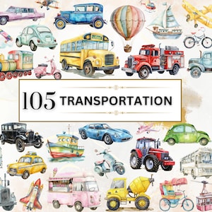 交通機関のクリップアートセット 水彩画 公共交通機関 PNG 車両クリップアート トラック PNG おもちゃのクリップアート 車 PNG 保育園のクリップアート | 商用利用