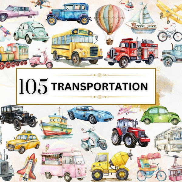 Transport Clipart Set Watercolor Public Transportation PNG Vehicle Clipart Truck PNG Toy Clipart Cars PNG Nursery Clipart | Commercial Use