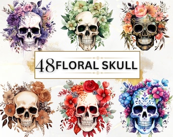 Floral Skull Clipart Bundle - 48 Watercolor Flower Skull PNG, Flower Skull Decor, Watercolor Clipart, Skull Printable, Pastel Clipart