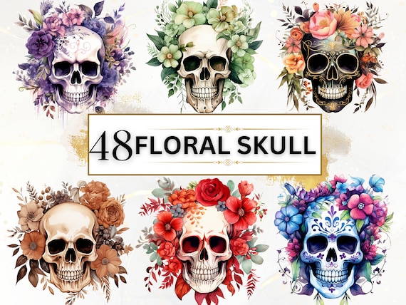 Floral Skull Clipart Bundle - 48 Watercolor Flower Skull PNG, Flower Skull Decor, Watercolor Clipart, Skull Printable, Pastel Clipart