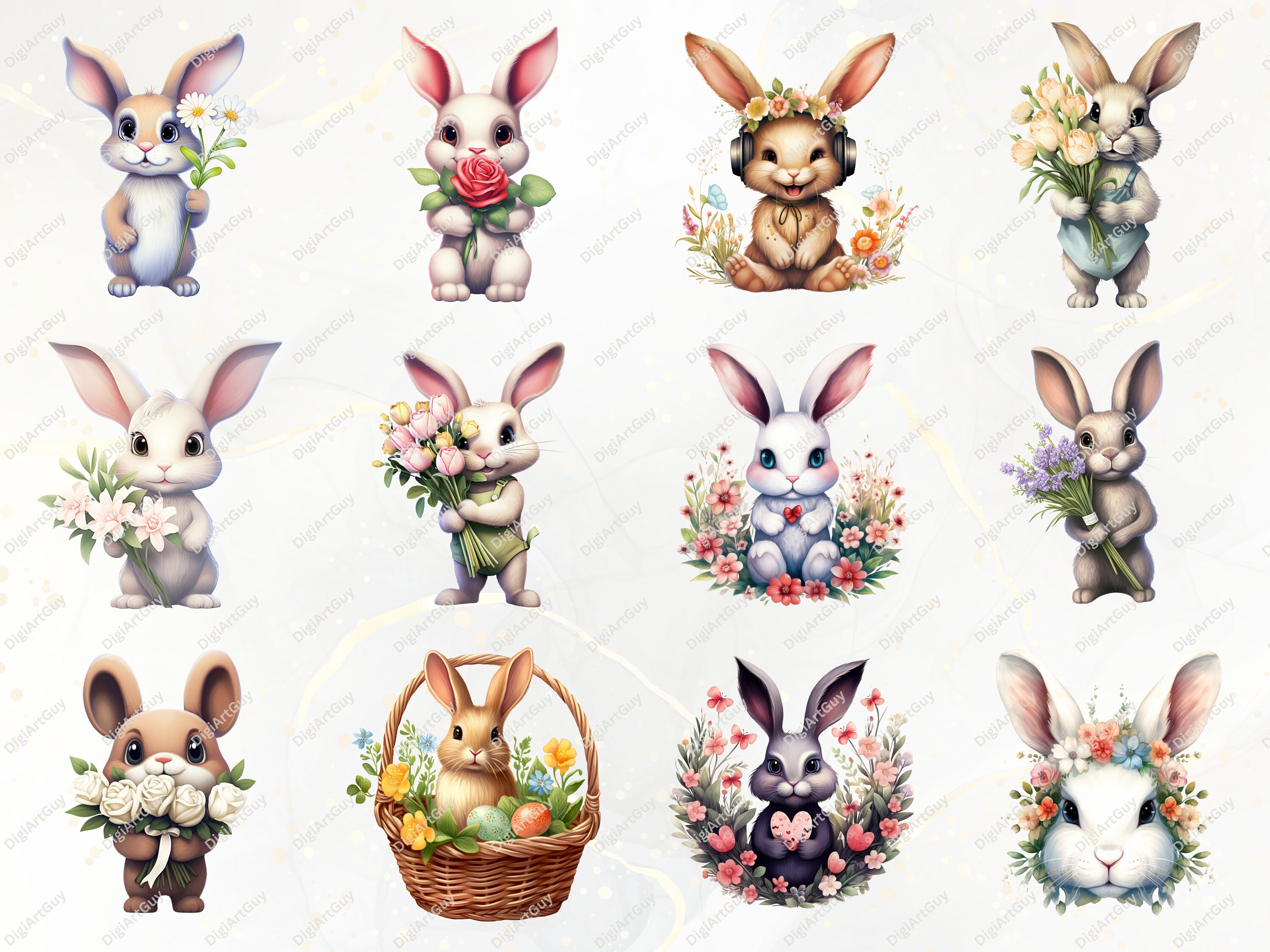 Floral Bunny Clipart Cute Rabbit PNG Animal Clipart Cute Bunny PNG ...