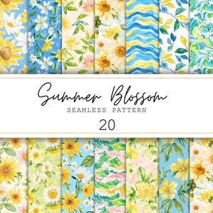 Può includere: Una collezione di 20 motivi senza cuciture con un tema di fioritura estiva. I motivi presentano disegni ad acquerello di girasoli, margherite e composizioni floreali astratte nei toni del giallo, blu e verde. Il testo "Summer Blossom" e "Seamless Pattern 20" è visibile.