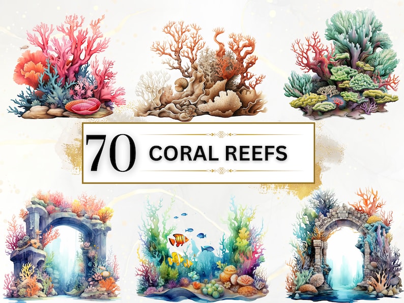 Front page of coral reefs listing, showing a variety of kawaii images and the title which says "70 Coral Reefs "