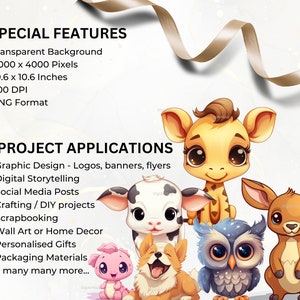 Pode incluir: Um conjunto de oito ilustra&ccedil;&otilde;es de animais de desenho animado com fundo transparente. Os animais incluem uma girafa, uma vaca, um veado, uma coruja, um cachorrinho e um drag&atilde;o. As ilustra&ccedil;&otilde;es s&atilde;o perfeitas para artesanato, scrapbooking e projetos digitais.