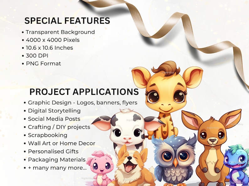 Pode incluir: Um conjunto de oito ilustra&ccedil;&otilde;es de animais de desenho animado com fundo transparente. Os animais incluem uma girafa, uma vaca, um veado, uma coruja, um cachorrinho e um drag&atilde;o. As ilustra&ccedil;&otilde;es s&atilde;o perfeitas para artesanato, scrapbooking e projetos digitais.