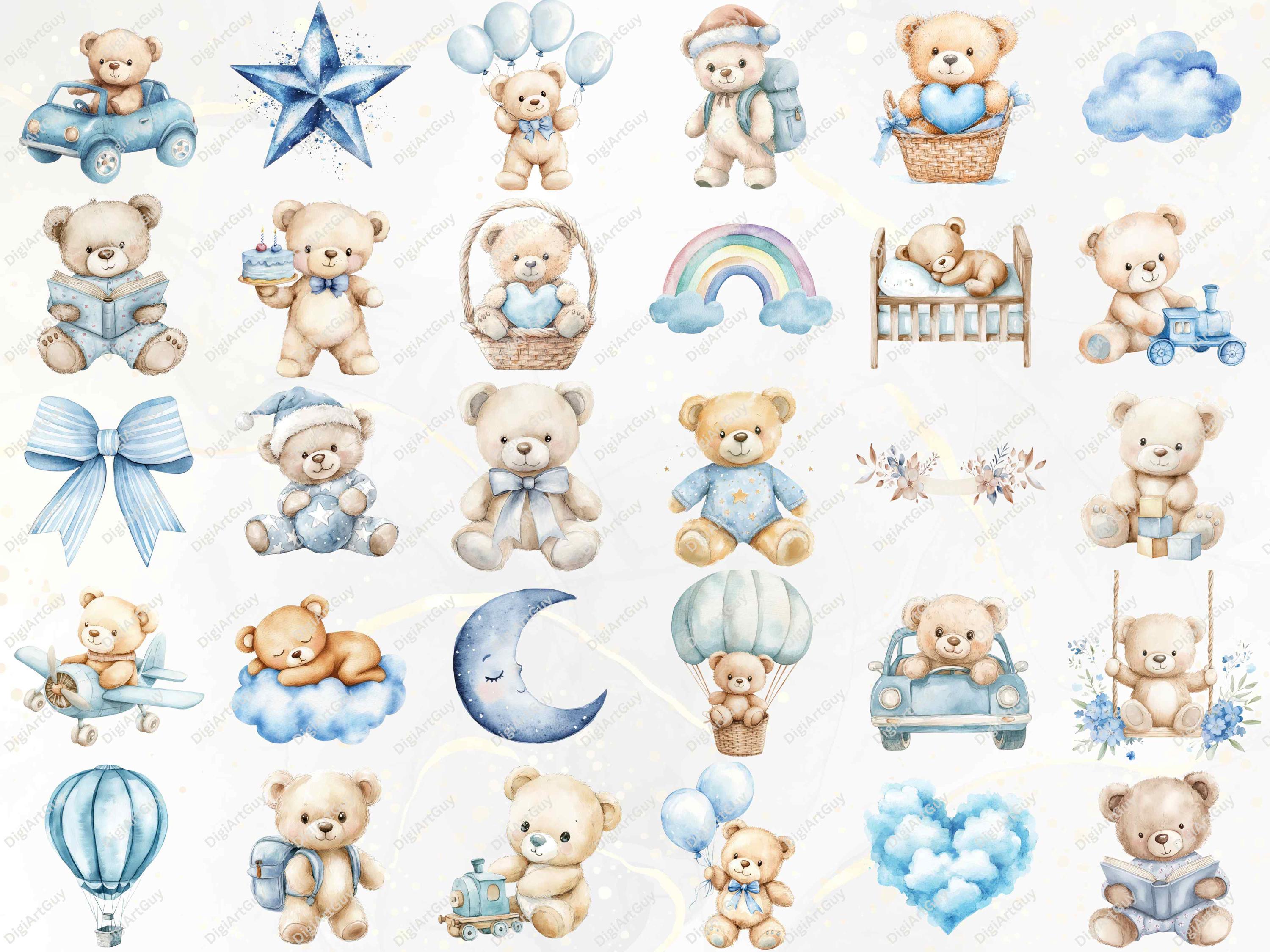 Blue Teddy Bear Watercolor Clipart Teddy Bear PNG Blue Baby Shower ...