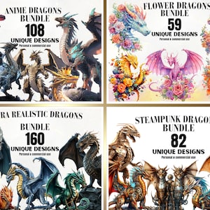 May include: Four digital art bundles featuring different styles of dragons. The bundles are titled "Anime Dragons Bundle", "Flower Dragons Bundle", "Ultra Realistic Dragons Bundle", and "Steampunk Dragons Bundle". Each bundle features a different number of unique designs, ranging from 59 to 160.