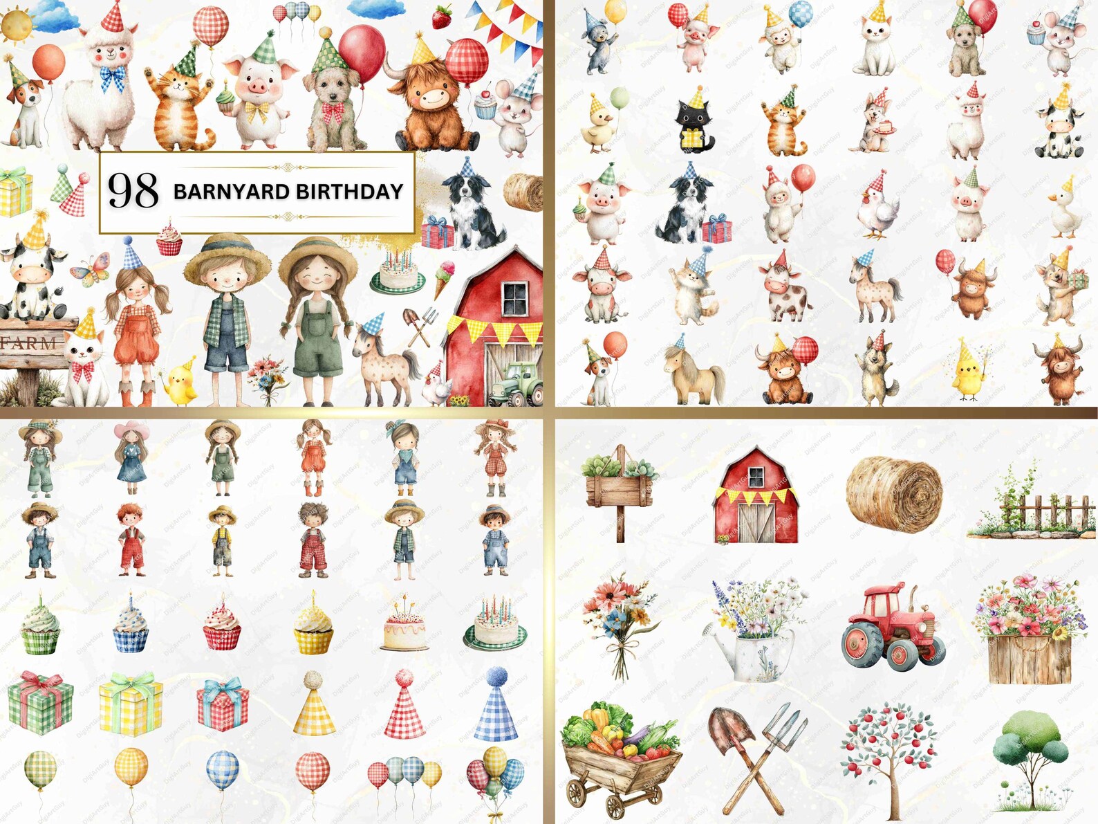Animal Birthday Clipart Bundle Watercolor Birthday Clipart PNG ...