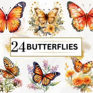 Pacote de borboletas - 24 PNGs de clipart de borboleta de outono, PNG de borboleta floral, clipart de borboleta floral, clipart de aquarela de outono, uso comercial