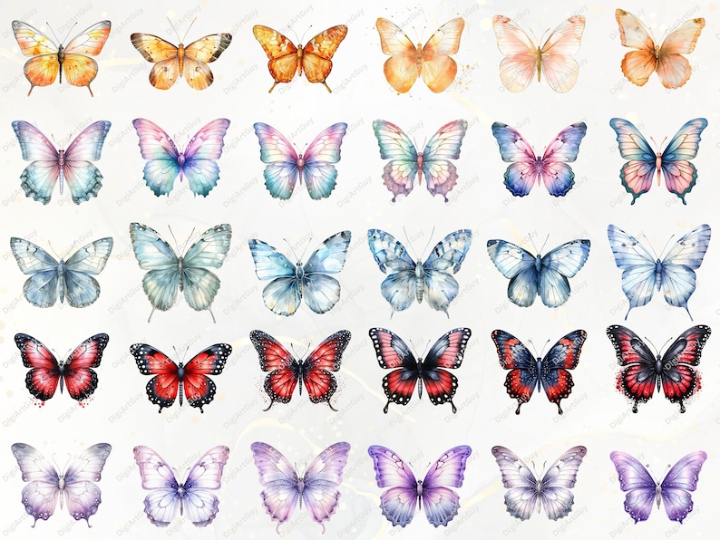 Puede incluir: Una colecci&oacute;n de ilustraciones de mariposas en acuarela en varios colores, incluyendo naranja, rosa, azul, rojo y morado. Cada mariposa tiene patrones de alas detallados y est&aacute; sobre un fondo claro. Las mariposas est&aacute;n dispuestas en filas.
