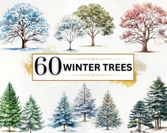 Trees Clipart Bundle - 60 Watercolor Winter Clipart PNGs, Winter PNG, Watercolor Trees Clipart, Winter Trees PNG, Pine Tree Clipart,Snow PNG