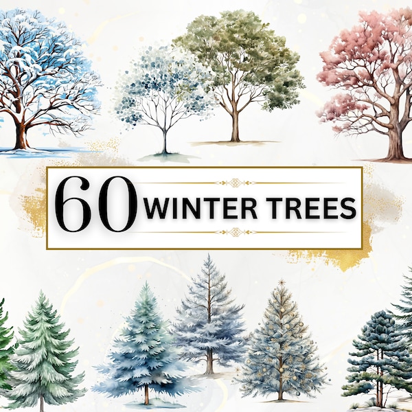 Trees Clipart Bundle - 60 Watercolor Winter Clipart PNGs, Winter PNG, Watercolor Trees Clipart, Winter Trees PNG, Pine Tree Clipart,Snow PNG