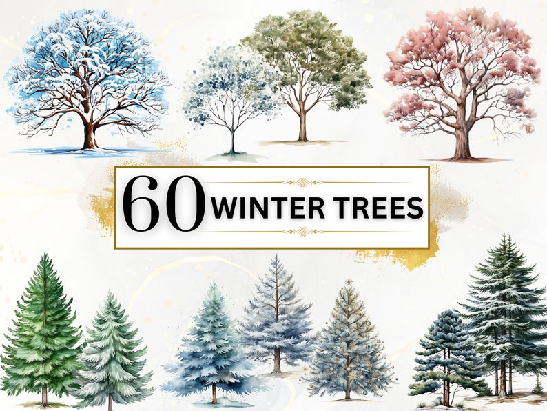 The image displays winter trees clipart bundle that features pine trees, trees covered in snow, rainbow trees, deciduous trees and more. The color palette includes blue, gold, ivory, green and pink, creating a winter festive ambiance for the bundle.