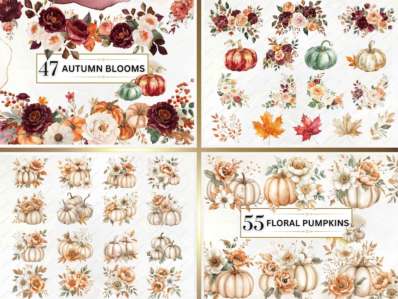 May include: A digital clipart set of 47 watercolor autumn floral arrangements and 55 floral pumpkins. The flowers are in shades of red, pink, white, and green. The pumpkins are white with floral accents.