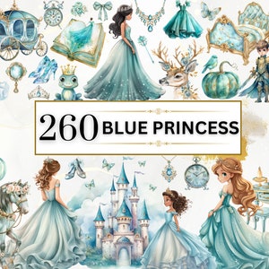 Aquarell Prinzessin Clipart Süße Prinzessin PNG Märchen Clipart Schloss PNG Cinderella Clipart Fantasie PNG Kindergarten Clipart Blaue Prinzessin