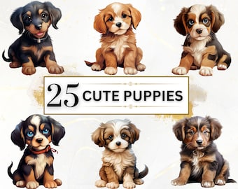 May include: A collection of 25 cute puppies in various poses. The puppies are all different breeds and colors, and they are all looking at the camera with big, adorable eyes. The image is set against a white background with gold accents.