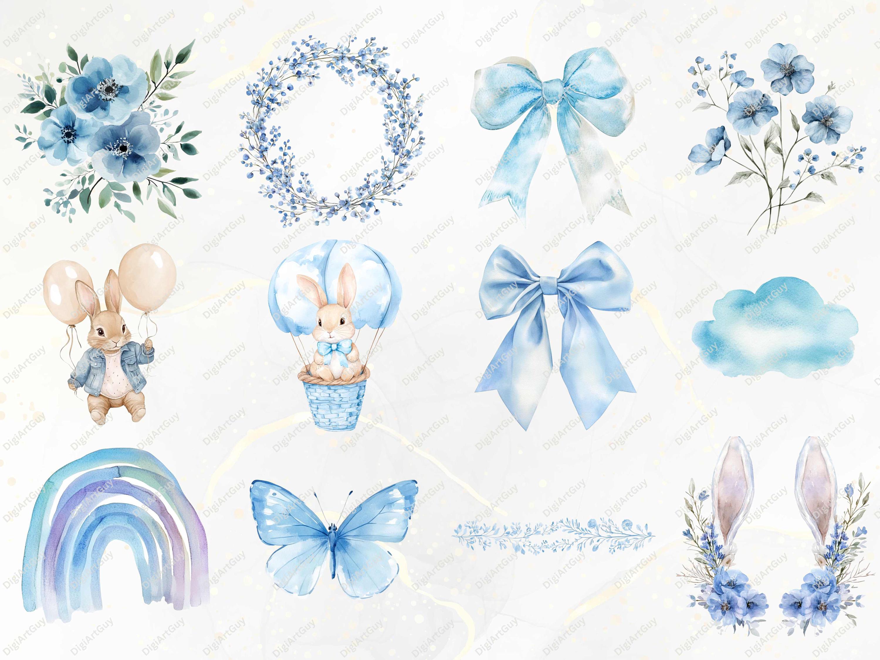 Blue Bunny Clipart Watercolor Spring Rabbit Clipart Nursery Png Animal ...