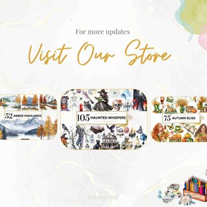 A promotional image inviting viewers to visit the store, featuring other available collections, including “Amber Highlands” with autumnal mountains, “Haunted Whispers” with spooky elements, “Autumn Bliss” with cozy fall scenes, and more.