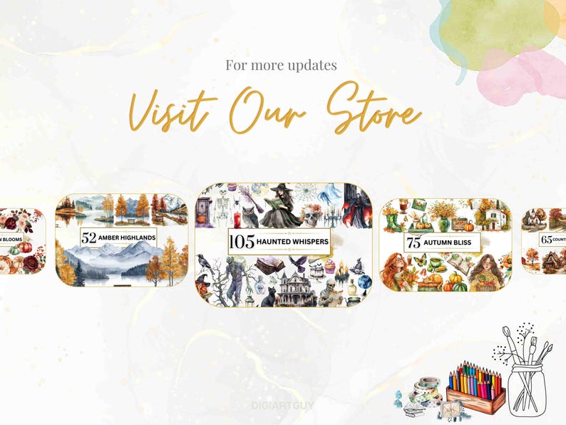 A promotional image inviting viewers to visit the store, featuring other available collections, including “Amber Highlands” with autumnal mountains, “Haunted Whispers” with spooky elements, “Autumn Bliss” with cozy fall scenes, and more.