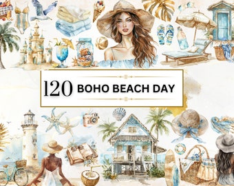 Watercolor Beach PNG Summer Clipart PNG Ocean Lover Clipart Beach Clipart Set Boho Summer PNG Holiday Clipart Seaside Clipart Commercial Use
