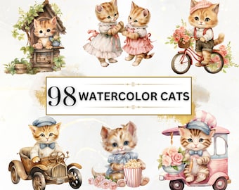 Watercolor Cats PNG Bundle - 98 Cats Watercolor Clipart PNGs, Cats Clipart, Animals Clipart, Watercolor Animals, Instant Digital Download