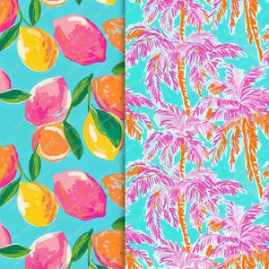 Close-up of two bold summer patterns: one with juicy citrus fruits like lemons, oranges, and grapefruits on a turquoise background, and another with pink-orange palm trees on aqua blue.