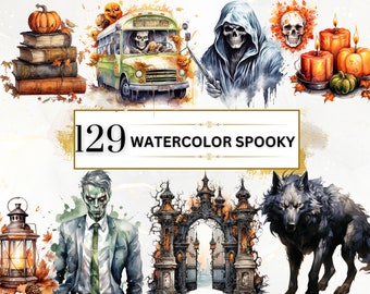Spooky Decor Bundle - 129 Watercolor Spooky decorations clipart, Spooky Season Decor, Watercolor Clipart, Horror PNG, Scary PNG, Spooky PNG