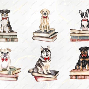 A closer look at six featured dog breeds sitting on books, including an Australian Shepherd, Bulldog, Husky, and Rottweiler. Each dog has detailed fur textures, expressive eyes, and a cozy bookish aesthetic.