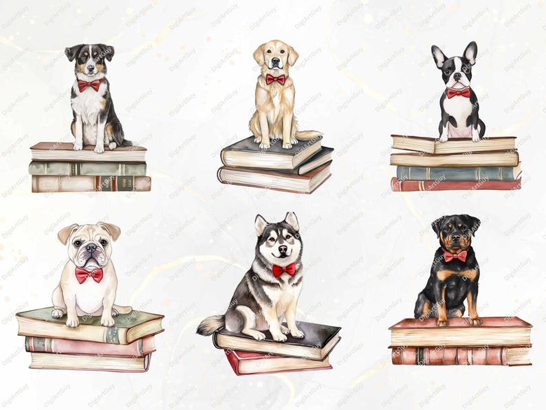 A closer look at six featured dog breeds sitting on books, including an Australian Shepherd, Bulldog, Husky, and Rottweiler. Each dog has detailed fur textures, expressive eyes, and a cozy bookish aesthetic.