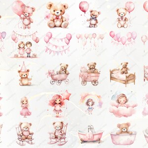 Peut inclure: Un ensemble d'illustrations &agrave; l'aquarelle repr&eacute;sentant de jolis ours en peluche, des filles et des articles pour b&eacute;b&eacute;s. Les illustrations sont dans des tons roses, blancs et bruns et pr&eacute;sentent une vari&eacute;t&eacute; de th&egrave;mes, notamment l'anniversaire, le coucher et le temps de jeu.