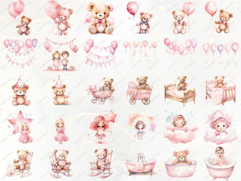 Peut inclure: Un ensemble d'illustrations &agrave; l'aquarelle repr&eacute;sentant de jolis ours en peluche, des filles et des articles pour b&eacute;b&eacute;s. Les illustrations sont dans des tons roses, blancs et bruns et pr&eacute;sentent une vari&eacute;t&eacute; de th&egrave;mes, notamment l'anniversaire, le coucher et le temps de jeu.