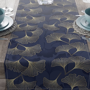 Navy & Gold Gingko Print Table Runner, Table Decoration, Tired Tray Table Decor, Dining Table Decorations, Themed Table Decor, Table Linens