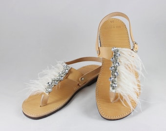 Chaussures avec strass, sandales de mariage, brides articulées, sandales de mariée, sandales à plumes, sandales en cuir faites main, chaussures plates de mariage