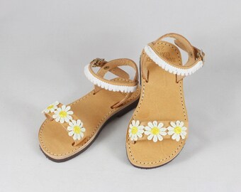 Flower Daisy Girl Sandals, Ankle Strap Sandals, Kids Shoes, Baby Girl Shoes, Flat Leather Sandals, Summer, Handstitched, Made in Greece