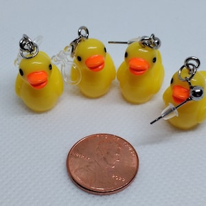Dangle Ducky Earrings - Rubber Ducks (Hypoallergenic Stainless Steel Ball Stud or Plastic Clip Ons)