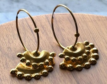 Unique Ccori Earrings.  Peruvian Inca-Inspired Jewelry, 18k Gold-Plated Rainwash Hoop Earrings