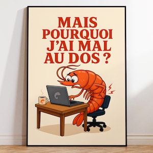 Pode incluir: Um cartaz emoldurado com fundo creme apresentando um desenho de um camarão laranja sentado a uma mesa de madeira usando um laptop. O texto diz MAIS POURQUOI J'AI MAL AU DOS? O camarão tem uma expressão de dor e segura a parte inferior das costas.