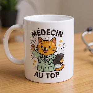 Puede incluir: Taza de cerámica blanca con un diseño de gato de dibujos animados vestido de médico, sosteniendo una carpeta, con el texto "MÉDECIN AU TOP". Un estetoscopio negro descansa sobre una superficie de madera junto a la taza.