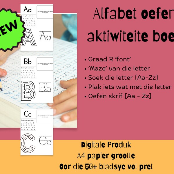 Kleuter Alfabet Boek| Aa-Zz|Graad R| Klaskamer hulpbronne| Afrikaans Alfabet| Skrif oefen| Kom ons leer die alfabet| Hoofletter| Kleinletter