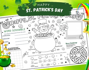 Lucky Leprechaun's Playland: Kids' St. Patrick's Day Activity Placemat, Word scramble, Maze, Coloring, Mystery Math, Symmetry, Drawing, PDF