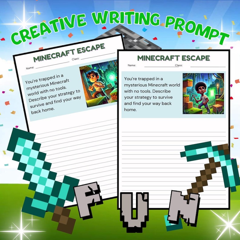 May include: A printable worksheet with a Minecraft theme. The worksheet has a writing prompt that asks the user to describe their strategy to survive in a mysterious Minecraft world with no tools. The worksheet has a space for the user to write their answer. The worksheet has a picture of a Minecraft character in a green world with a glowing green block.
