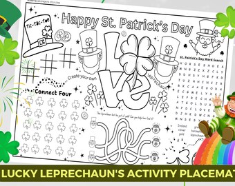 Lucky Leprechaun's Adventure Placemat, Word Search, Connect Four, Coloring, Drawing, Tic-Tac-Toe, Classroom, Kids Placemat, St. Patrick's