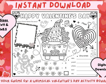 Valentine's Day Fun for Kids: Dual Maze Adventures, Math Mystery, Word Unscramble & Coloring Placemat! Printable Valentine Activity Mat