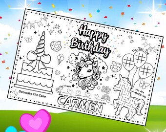 Personalized Unicorn Birthday Activity Placemat PDF: Customizable Magical Fun for Kids in Two Sizes, Perfect for Parties or Keepsakes!