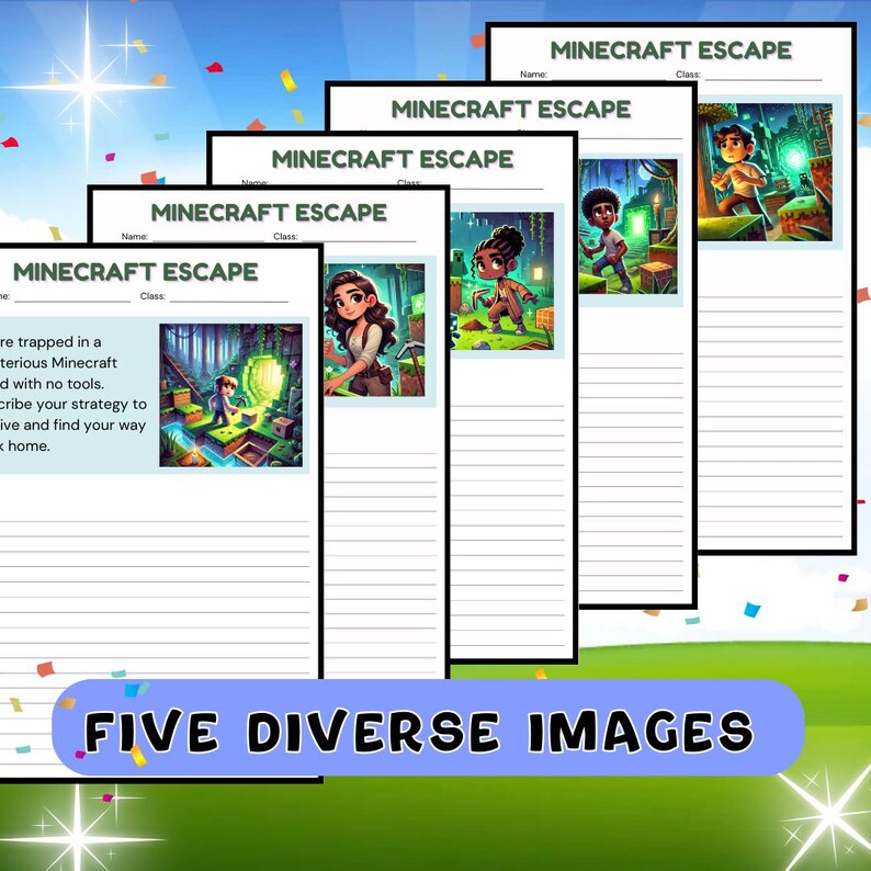 May include: Five printable worksheets featuring different Minecraft-themed images. Each worksheet has a space for a name, class, and a writing prompt. The prompt asks students to describe their strategy for escaping a mysterious Minecraft world.