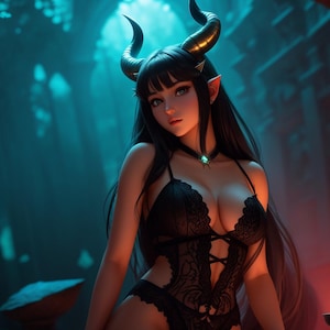 May include: Digital artwork of a woman with long black hair, wearing black lace lingerie and a gem necklace. She has black horns and pointed ears. The background is a dark, mystical forest with a soft glow.