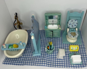 Blue Bathroom Calico Critter Furniture Set ~ Sylvanian Families | Vintage | Collectible | Rare Retired Furniture Set
