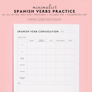 Feuilles d'étude de la pratique de la conjugaison des verbes espagnols Temps Apprentissage des langues Verbos en Español Téléchargement numérique Imprimable Bonnes notes Notabilité